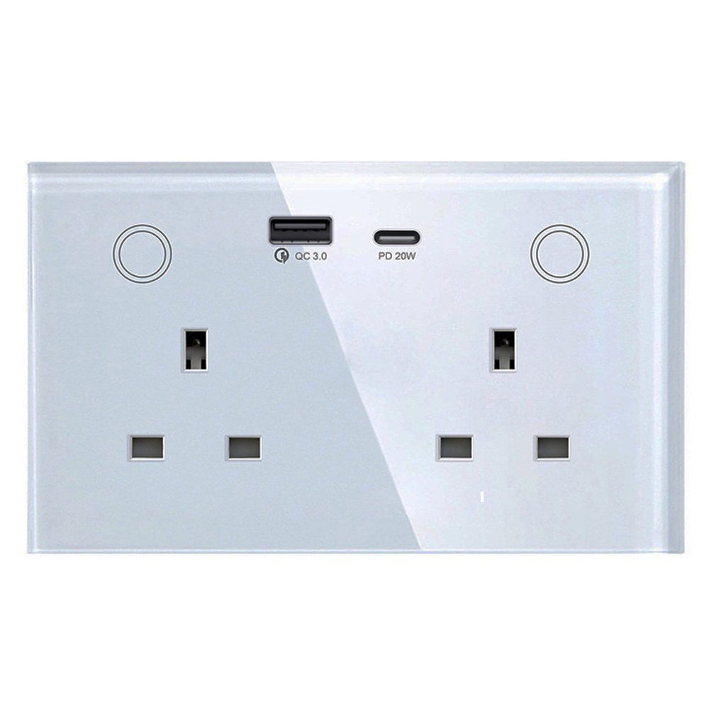 A double wall socket with two usb ports and one type c port.