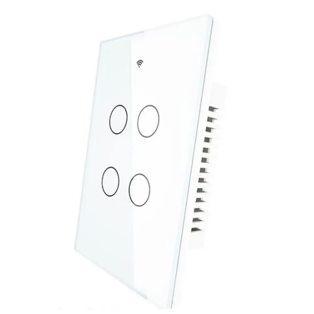 A white wall mounted light switch with four buttons.