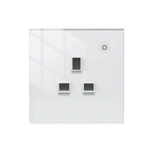 A white wall socket with a black button.