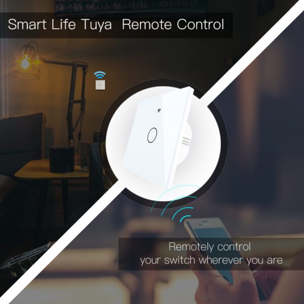 A smart life tuya remote control is shown on the left and an image of it on the right.