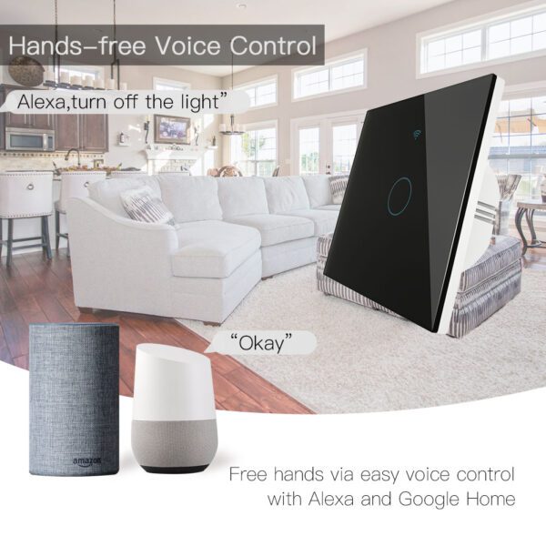 A smart home device is shown with alexa and google home.