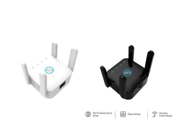 A white and black wi-fi router with the same logo on it.